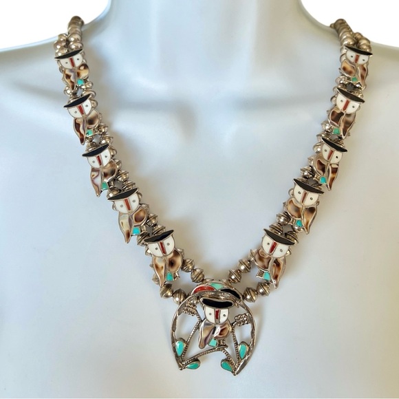 Sterling Silver Zuni Inlay Owl Squash Blossom Necklace Signed PITKIN PW NATEWA - Picture 5 of 12